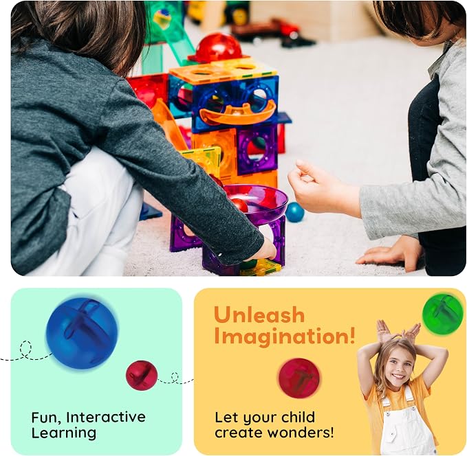 PicassoTiles 100pc Magnetic Marble Run Set with Racing Track Tiles Funnels Curved Slopes and Steel Balls for Kids STEM Construction Indoor Learning Toy that Promotes Focus and Problem Solving PTG100