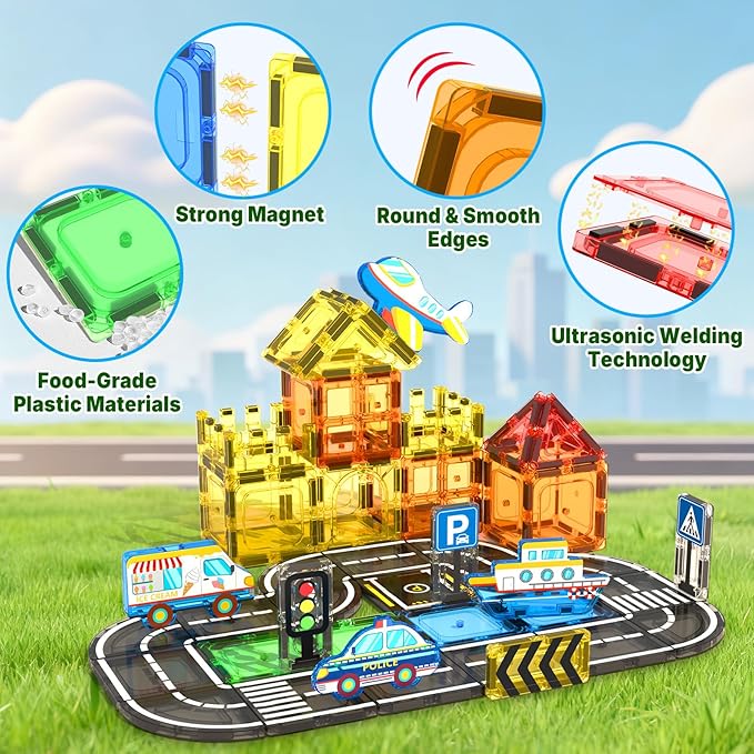 Magnetic Tiles Road Set, STEM Magnetic Blocks for Kids Ages 3-5 4-8 5-7, Construction Magnet Tiles Kids Toys, Christmas Birthday Gift for Boys Girls Ages 3+