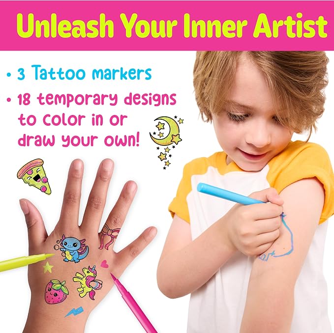 Creativity for Kids Color-In Neon Tattoos Mini Kit | Customize 18 Trendy Designs with Temporary Tattoo Markers | DIY Craft Kit for Kids | Great Activities for Summer (Ages 6+)