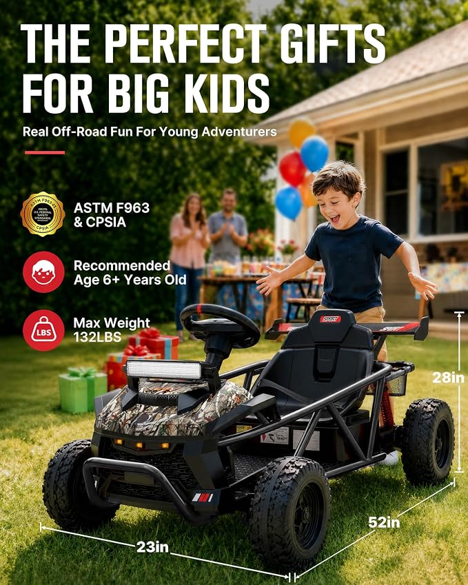 First Ride On 36V Kids Off-Road Go Kart, 400W Electric Ride-On Car for Ages 6+, Up to 9.3 MPH, EVA Tires, Metal Frame, Hall Throttle, Electronic Brake, Adjustable Seat, Bluetooth (Black Camo)