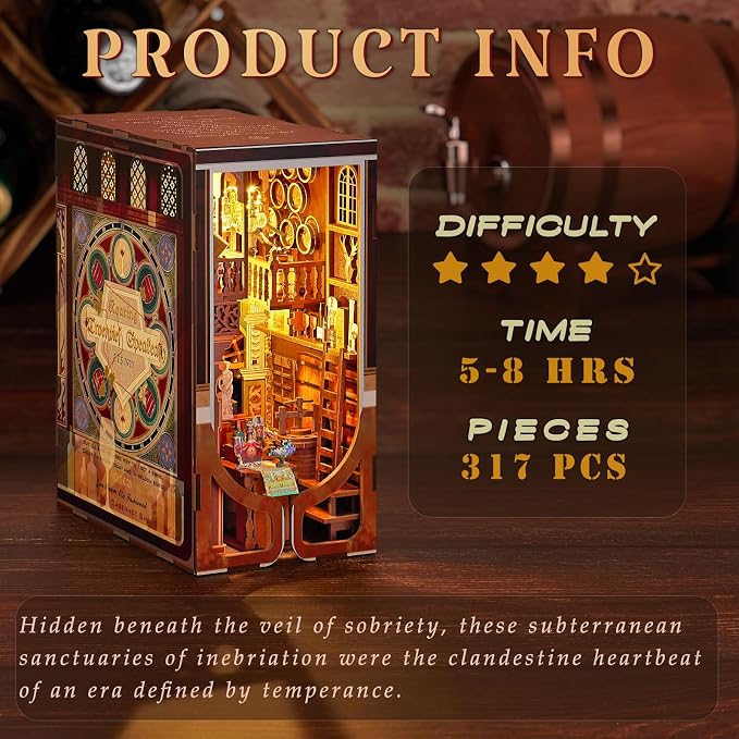 CCCDF DIY Book Nook Kit, DIY Miniature Dollhouse Booknook Kit, 3D Wooden Puzzle Bookend Bookshelf Insert with LED Light for Teens and Adults (Roaring Twenties Speakeasy)