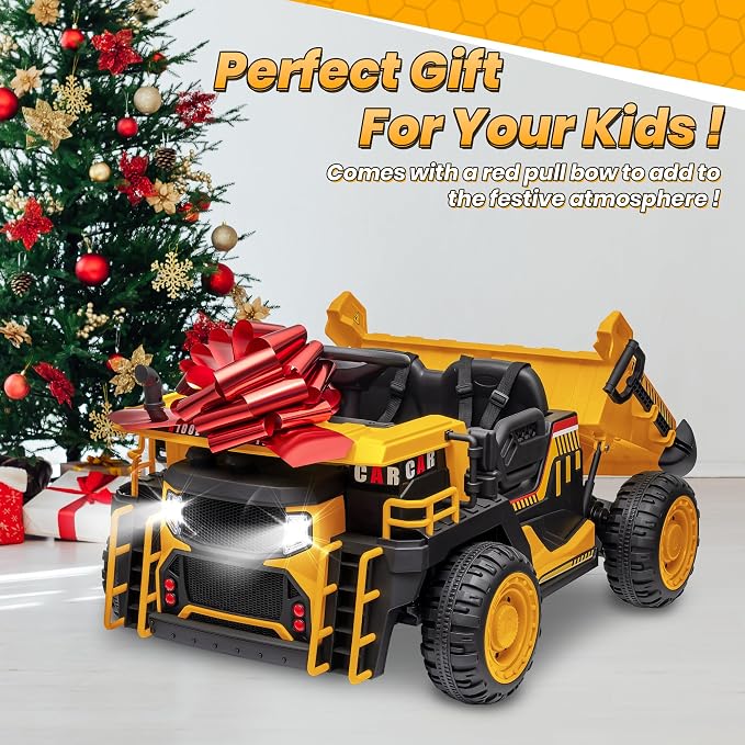 JOYRACER 24V 2 Seater Ride on Dump Truck w/400W Motors, Kids Ride On Car w/20'' Seat, Parent Remote, Electric Construction Vehicle w/Dump Bed & Shovel, 5Mph Max, Power Car Wheelers for Kids, Yellow