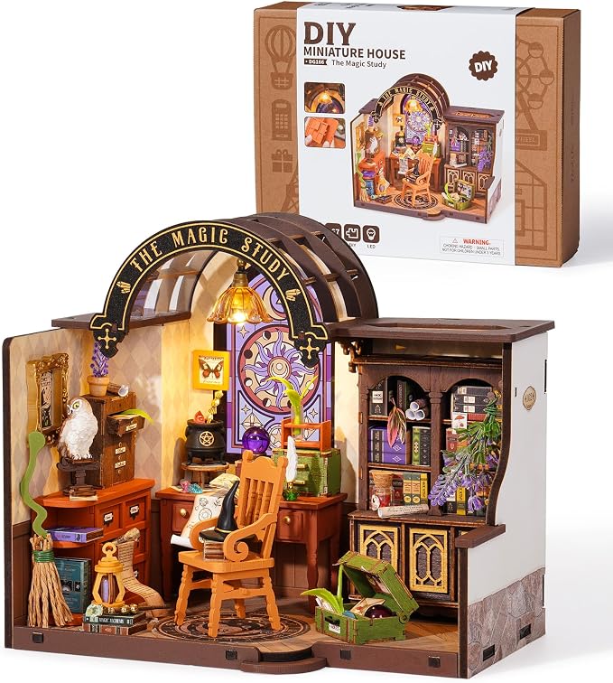 Robotime DIY Miniature House Kit, 1:18 Magic Study Diorama Dollhouse with LED Lights, 3D Wooden Puzzle for Adults, Craft Hobby Gift for Women Men Teens