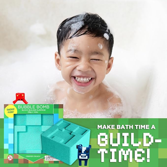 TNT Creeper Bath Bomb for Kids with Block Builder Surprise Toys Inside (1 Pack) – Large Fizzy Bubble Mine Bomb - Easter Basket Stuffers for Boys, Fruity Scent, Skin-Safe, Made in USA by Two Sisters