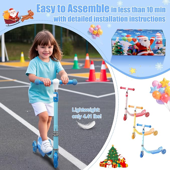 Kick Scooters for Kids 3-5 5-7 Years Age - Handlebars Flexible Steer,Height Adjustable,Stable Light Up Three Wheeled Toddler Scooter for Boy & Girl,Indoor Outdoor Kid Child Toy Gift