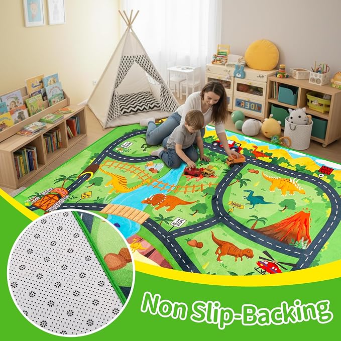 Car Rug Play Mat,4'11" x 6'7" Dinosaur Park Road Car Mat for Kids,Non-Slip Dino Car Track Rugs for Kids Toy Cars,Educational Kid Road Playmat Rug for Playroom Bedroom Kid Room(for Age 2+)