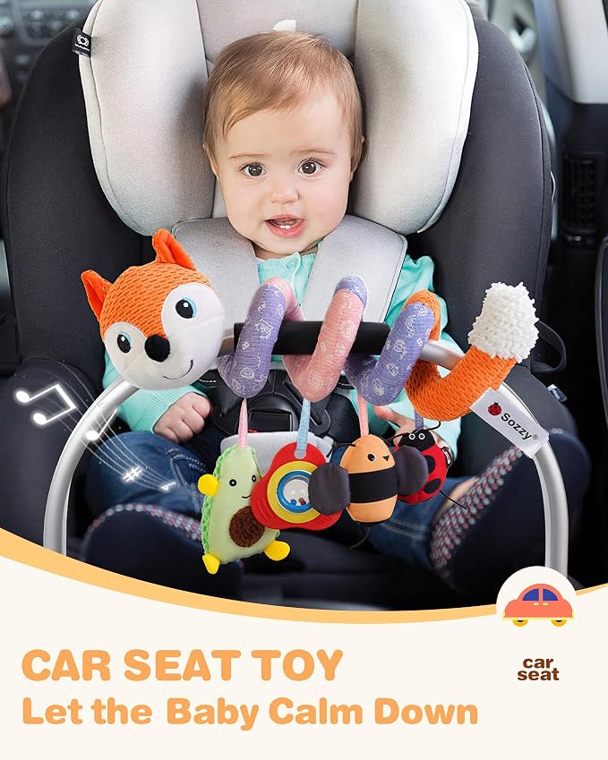 Jollybaby Crib Stroller Car Seat Toys for Baby 0-3-6-9-12 Months, Tummy Time Hanging Sensory Toys for Newborn with Music Box and Teether, Spiral Carseat Toy for Infant Boys Girls Gifts (12-Grey Fox)