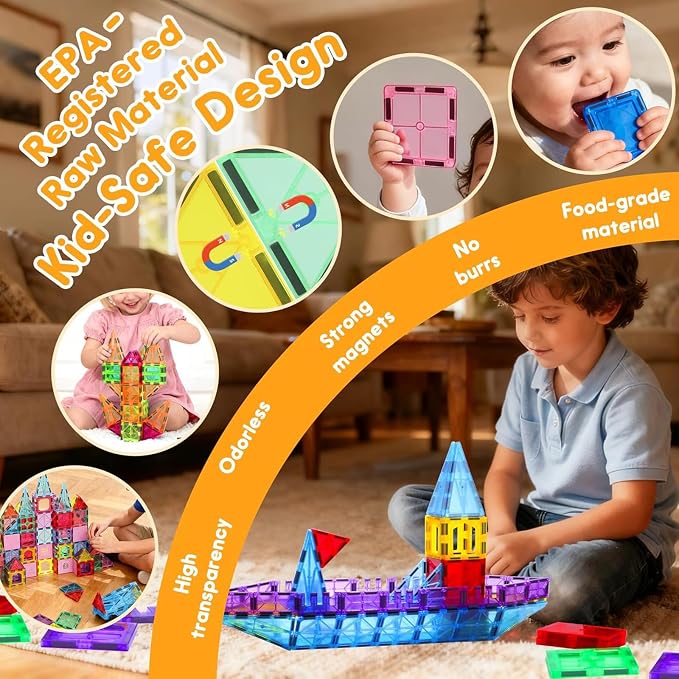 Antibacterial Magnetic Tiles 124PCS, STEM Toy for Kids Aged 3+ | 4 XL squares, Bacteria resistant, Safer play, EPA-registered, Fits other brands, ABS plastic, Montessori toy, Classroom gift