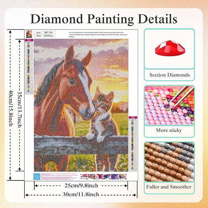 CHWGLFGG 5D Full Round Drill Diamond Painting Kit for Adults, Horse and Tabby Kitten Sunset Farm Diamond Art Canvas, DIY Paint by Diamonds Dot Gem Craft 12x16 Inch for Home Wall Decor