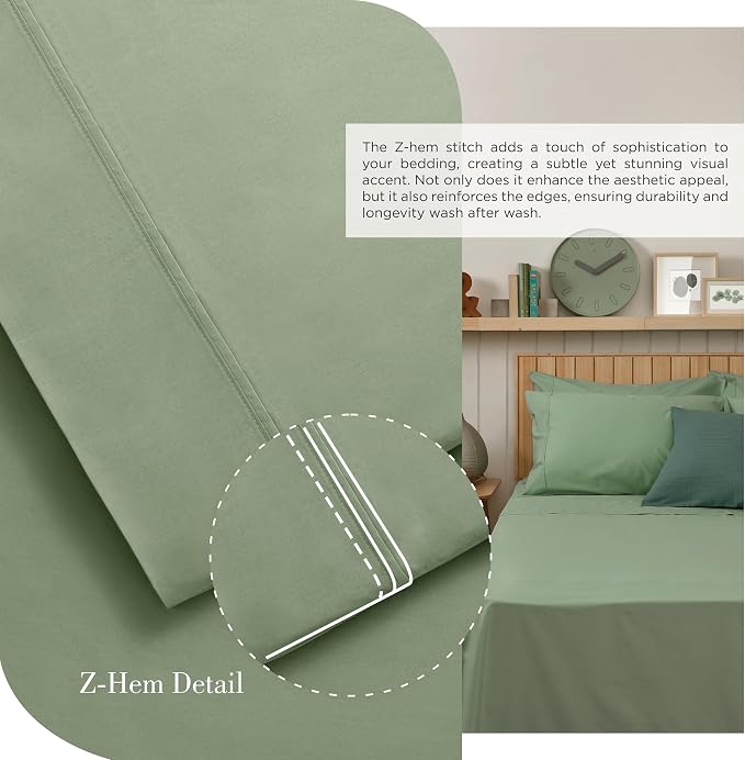Linen Home 100% Cotton Percale Sheets Full Size, Oil Green – Crisp & Cool, Breathable, Long-Staple Combed Cotton, 16" Deep Pocket, 4 Pieces: 1 Flat, 1 Fitted Sheet & 2 Pillowcases