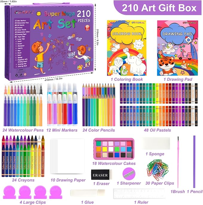 GOTIDEAL Art Supplies for Kids,Drawing Art Kit,210 PCS Kids Art Set with Double Sided Trifold Easel,Coloring Book, Crayons, Markers, Watercolor Pens, Arts & Crafts,Gift for 4-12 Year Old Girl(Purple)