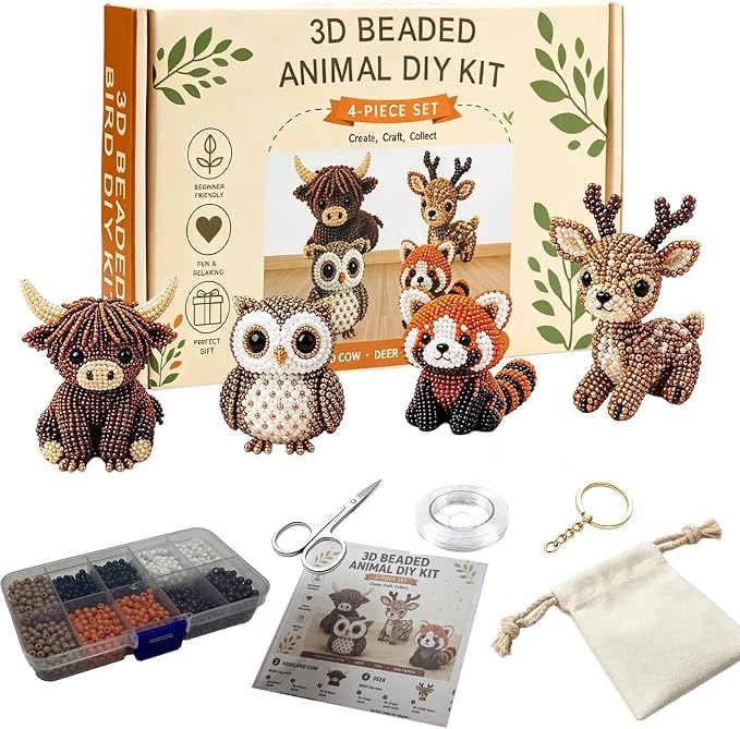 Temiaode 3D Beaded Animal Kit, 4 Pack DIY Bead Craft Set for Adults, Highland Cow Owl Red Panda Deer Beading Kit with Instructions, Creative Hobby Craft Gift for Animal Lovers
