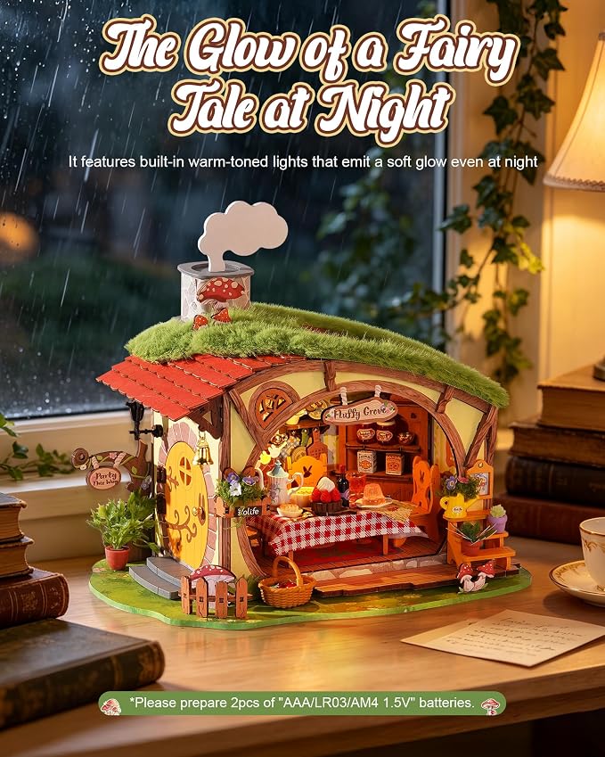 Rolife DIY Miniature Dollhouse Kit Fluffy Grove, Stress Relieving Fantasy Forest Mini House Building Kit with LED, Cozy Fairy Cottage Wooden Dollhouse Craft for Adults Teens, Bookshelf Home Decor Gift