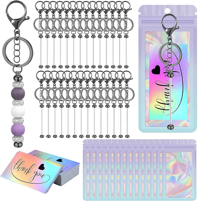 42/84/126 Pcs Beadable Keychain Bars Bulk Blank DIY Beaded Keychain Making Supplies with Bag Thank You Card