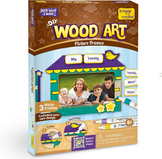 Imagimake DIY Wood Art Photo Frame | 45+ Foam Stickers | Glitter Glue | 8 Year Old Girl Gifts & Boys Gifts | Art Set for Kids Ages 5-8 | Wooden Painting Crafts for Kids Age 5,6,7,8 & Above