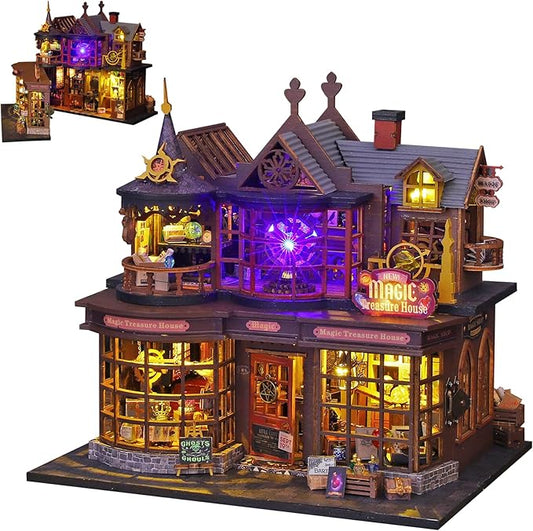 Plustopoy DIY Miniature House Kit Tiny House Model Kit with Open-able Door, DIY Wooden Dollhouse Miniature Kit for Adults Teens, Creative Crafts Book Nook Magic Model Kits, Home Decor