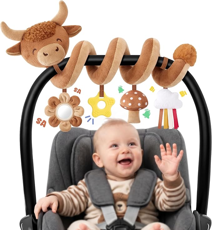 Stuffed Highland Cow Spiral Car Seat Toys for Babies 0-3-6-12 Months, Infant Stroller Toy with Mushroom Pendant & Star Teether Hanging, Cute Baby Registry Search & Shower Gifts for Newborns
