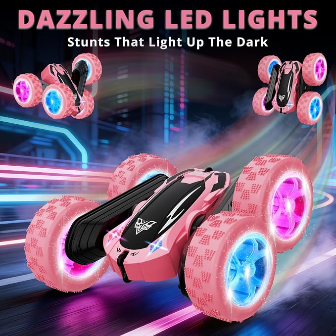 Remote Control Car, 2.4GHz RC Stunt Car, Double Sided 360° Rotating RC Cars with LED Headlight & LED Wheel, High Speed Off Road RC Crawler Xmas Gift for 3 4 5 6 7 8-12 Year Old Girls Toys (Pink)