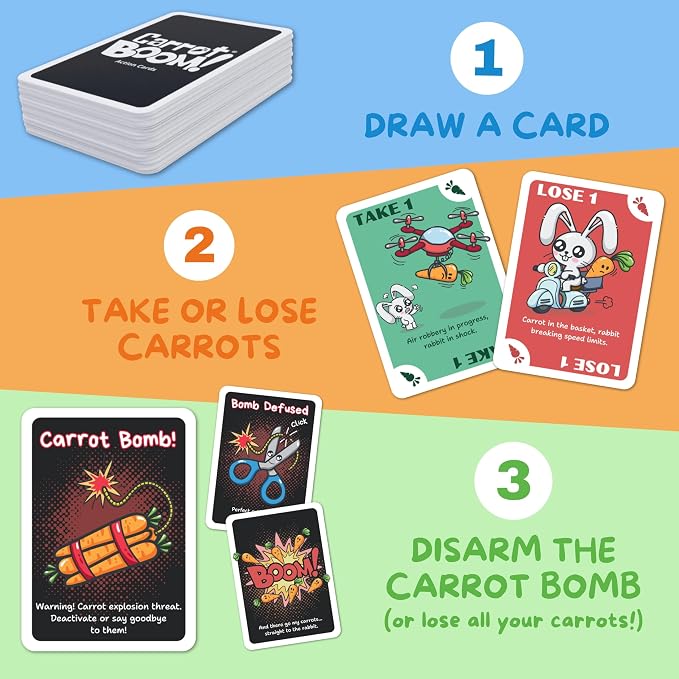 KAWAII LAB GAMES Carrot Boom Family Card Game for Kids, Teens & Adults | Quick & Easy Game Night Fun | Pure Luck, No Strategy | Ages 6+ | 2-4 Players | 10-15 Min