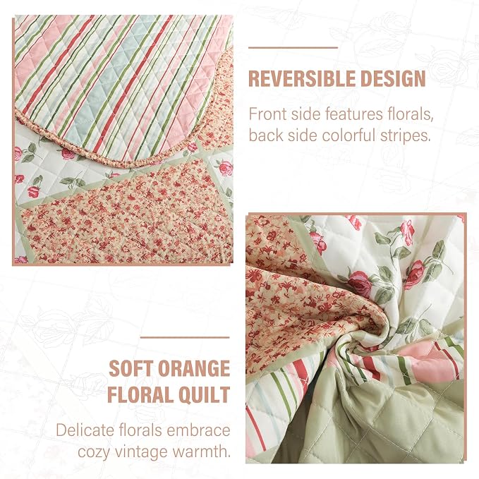 NEWLAKE Quilt Set Queen Size, Bedspread Sets Warm Orange Floral, Reversible Quilt Bedding Set Lightweight and Breathable for All Seasons, Soft Quilted Bedspread with 2 Pillow Shams