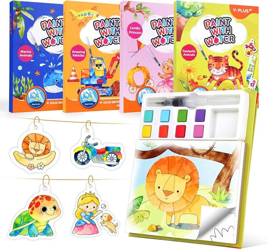YPLUS Paint with Water Coloring Book for Toddlers, 4 Pack Mess Free Watercolor Painting Set, 26 Pages & 8 Color Palettes, DIY Art Craft Travel Toy Gift for Kids Ages 1-3 2-4 4-6(4 Themes)