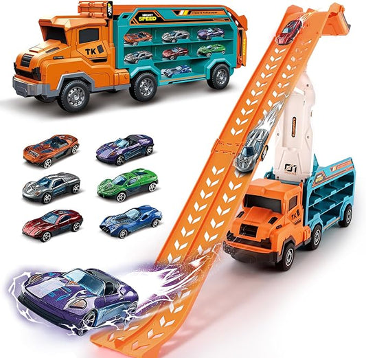 Toddler Car Truck Toys,Car Carrier Truck Toy for Kids Age 3-5 4-8,Foldable Car Track Sets with 2.8-Ft Race Track and 6 Die-Cast Race Cars, Truck Toys Gifts for 3 4 5 6 7 8+ Year Old Boys Girls(orange)