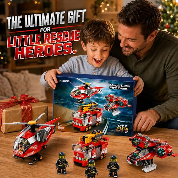 3 in 1 City Fire Rescue Building Sets, Compatible with Lego City, Fire Truck, Helicopter & Rescue Plane, 9 Rebuildable Modules, 3 Firefighter Figures, STEM Toys Gift for Kids Boys Age 8-12 + (879 PCS)
