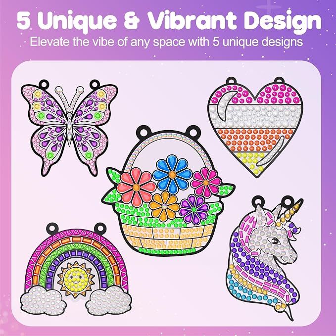 Diamond Painting Suncatcher Kits for Kid: 5PCS Gem Window Art Suncatcher Birthday Gifts Kit for Girls Ages 4 5 6 7 8 9 10 Years Old - DIY Creative Kids' Mosaic Kits Diamond Art Crafts Toys