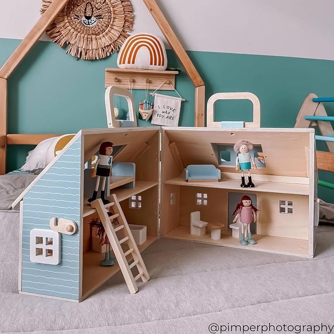 Olivia's Little World Wooden Cottage Dollhouse with 12 Accessories & 4 Figurines – Portable 2-Story Playhouse for 3.5" Dolls – Foldable Miniature Toy House for Girls Ages 3+