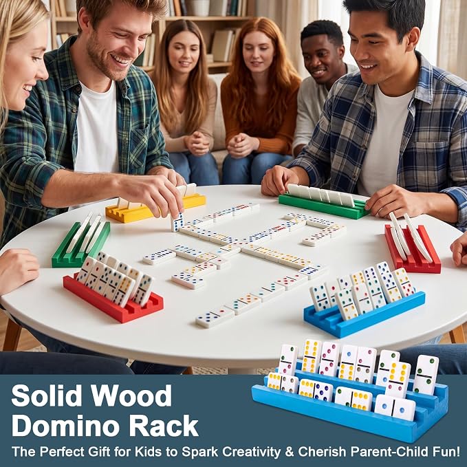Soulchen Multicolor Wooden Domino Racks Set of 4, Wood Domino Tiles Trays Holders Organizer for Mexican Train Classic Board Accessories, Dominoes Not Included (7.1 x2.8 Inch)