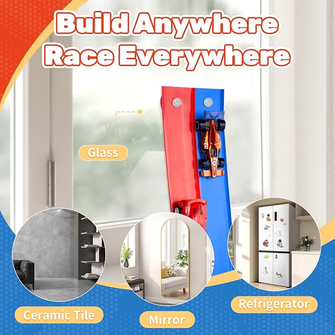 MINDNOOK 16 Ft Flexible Race Car Track Set for Kids, Portable Roll-Up Racetrack with 4 Cars & Suction Cups, Compatible with 1:64 Diecast Toy Cars, Gift for Boys & Girls Ages 4-12