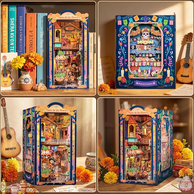 CUTEBEE Book Nook Kit - DIY Miniature House Kit for Adults, 3D Wooden Puzzle Bookshelf Insert Decor, Day of the Dead Booknook, Mexican Folklore LED Miniature Kit, Unique Gifts (Plaza de Los Muertos)