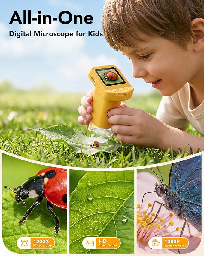 1200X Handheld Microscope for Kids, Portable Kids Microscope HD Screen Video Record, Pocket Digital Microscope STEM Educational Toys, Birthday Gifts for Ages 6-12 Boys Girls