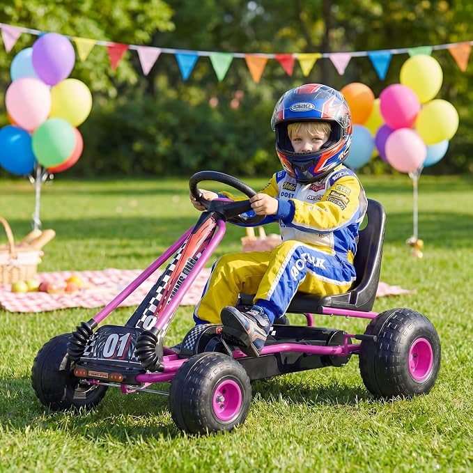 Costzon Pedal Go Kart, 4 Wheel Ride on Toy Pedal Car with Adjustable Seat, Forward/Backward & Handbrake, Outdoor Bicycle Go Cart with Wear-Resistant Wheels, Gift for Boys and Girls (Pink)