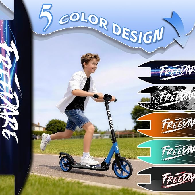 FREEDARE Kick Scooter for Kids & Adults Ages 8+, Foldable Teen Scooter with 2 Big 8-inch Wheels and 4-Level Adjustable Handlebar, Max Load 220 LBS