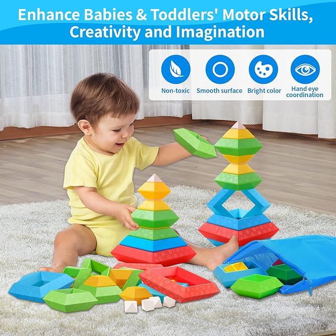 Hieoby Montessori Toys for Toddlers Boys Girls Preschool Learning Activities 30Pcs Building Blocks Stacking Educational Toys STEM Toddler Manipulatives Birthday Gifts Toddler Toys for 3 4 Year Old