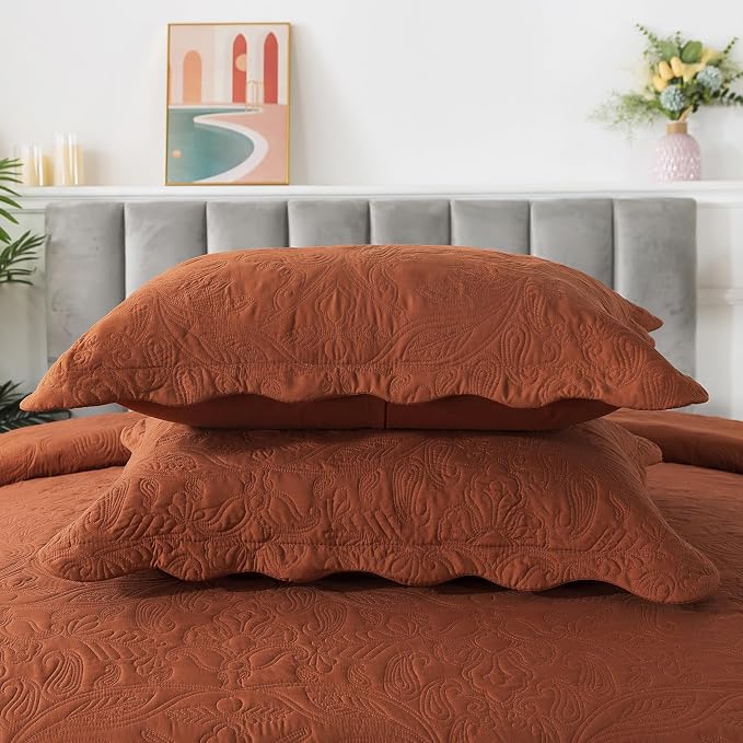 HoneiLife Queen Quilt Bedding Set - 3 Piece Microfiber Quilt Sets Lightweight Bedspreads Reversible Coverlets Retro Bed Cover Paisley Pattern Bedding Set All Season Quilts-Rust