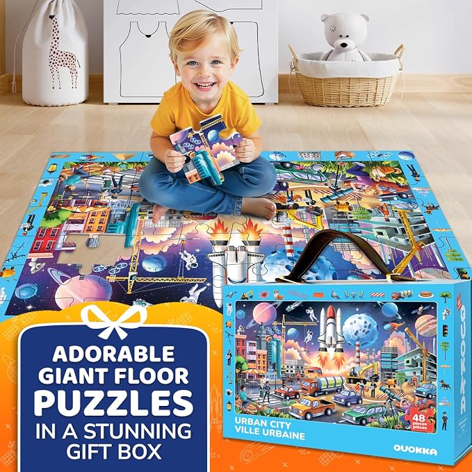 QUOKKA Giant Floor Puzzles for Kids Ages 4-6 – 2x3 Ft Search and Find Jumbo Jigsaw Puzzles for Kids Ages 3-5 – 48 Above and Beyond Future City Scene for 4-8 yo – Toy with Gift Box for Toddlers