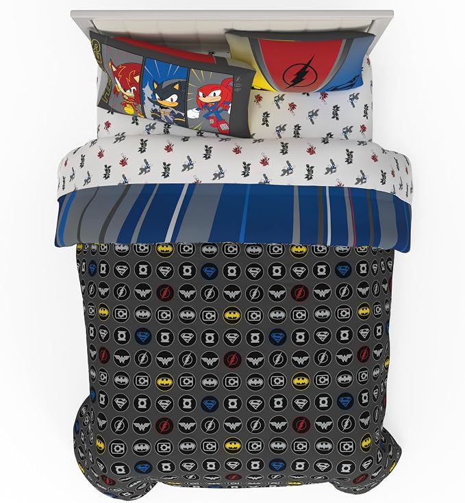 DC x Sonic The Hedgehog Kids Bedding Set, Full Size, 5-Piece Super Soft Cozy Reversible Comforter & Sheet Set (Officially Licensed Product) by Franco