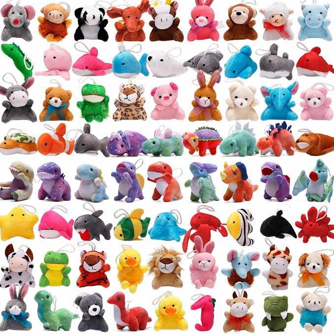 72 Pack Mini Stuffed Animal, Assorted Plush Toy (Dinosaur, Zoo, Ocean), Party Favors for Kid, Perfect for Claw Machine Filler, Goody Bag Stuffers, Keychain, Carnival Prizes, Classroom Reward Gift Bulk