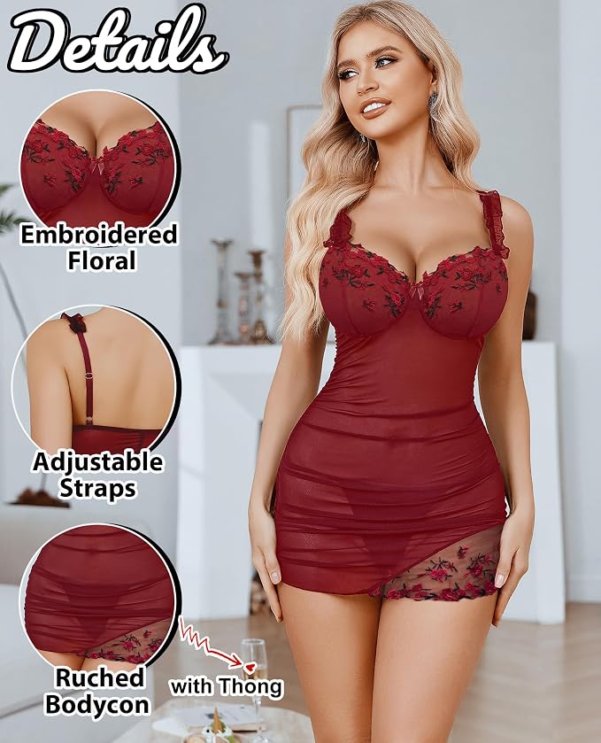 Avidlove Lingerie for Women Mesh Babydoll Lingeries Lace Chemise Floral Sleepwear Dress Sheer Exotic Boudoir Outfit S-XXL