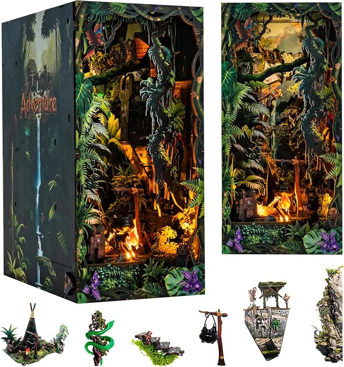 fifijoy Book Nook Kit - DIY Miniature House Dollhouse Kit for Adults and Teens, 3D Wooden Puzzle Bookend Tiny House Bookshelf Decor with LED Light, Gifts for Family and Friends (Jungle Adventure)