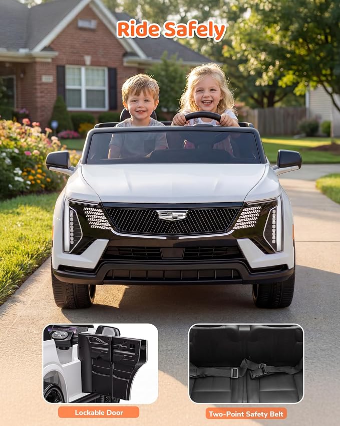 Firstness 2 Seater Ride on Car for Kids 24V Licensed Cadillac Escalade IQ Powered Wheels with Remote Control 400W Electric Ride on Toy with 3 Speed Light Music 7AH Battery Car for Kids Ages 3-8, White