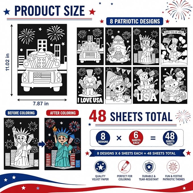 Cinrobiye 48 Pcs 4th of July Crafts, Patriotic Velvet Coloring Posters Bulk, Red White and Blue Craft Kit, Independence Day Coloring Activities for Kids, Seniors, Classroom, Party and Group Events