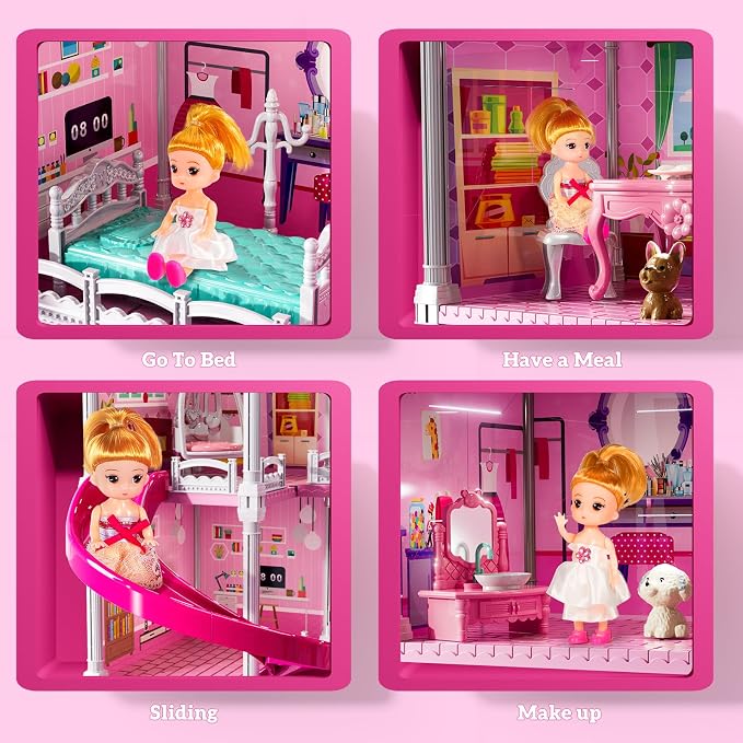 JUKUDAHU Villa Playset for Girls Ages 3-7, Indoor Playset Girls Toys for Ages 6-8 with 4 Storeys 11 Rooms 2 Dolls, Furniture and Accessories, Pretend Toddler Toy, Birthday Gifts for Kids 3 4 5 6 7 8