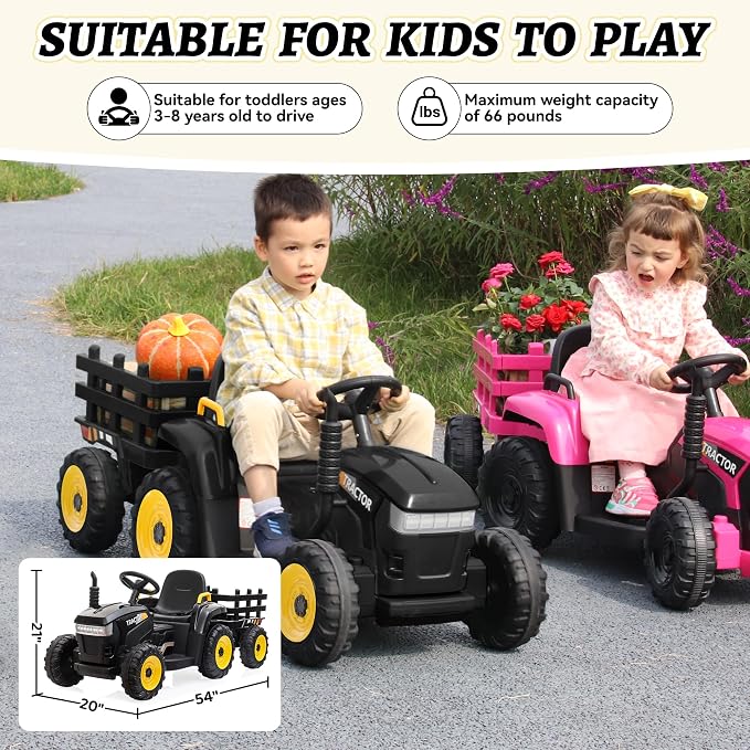TOBBI Kids Electric Ride On Toy Tractor, Toddlers 12V Battery-Powered Car to Drive, 35W Dual Motor 6-Wheels Trailer Vehicle with 3-Speeds/LED & Horn Functions for Chirdren Aged 3-8-Black