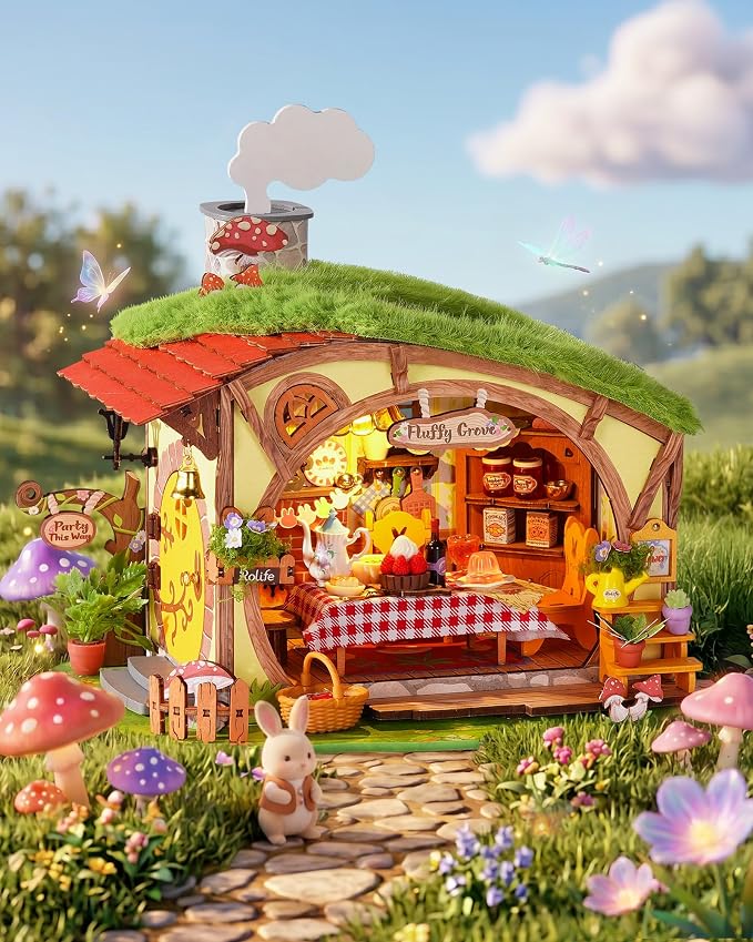 Rolife DIY Miniature Dollhouse Kit Fluffy Grove, Stress Relieving Fantasy Forest Mini House Building Kit with LED, Cozy Fairy Cottage Wooden Dollhouse Craft for Adults Teens, Bookshelf Home Decor Gift