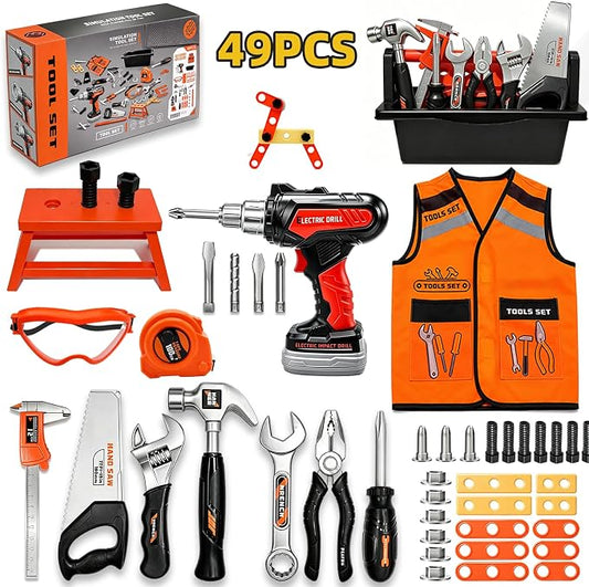 49 PCS Kids Tool Set with Toy Electric Drill, Construction Dress Up Pretend Play Kit with Tool Box, Washable Vest, Goggles & STEM Building Plate, Birthday Gift for Boys Toddlers Age 3 4 5 6 7