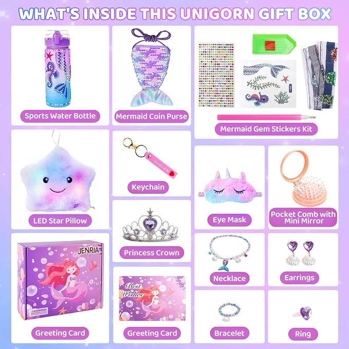 Jenria Mermaid Gift for Girls Toys Age 6-8, Kindergarten Graduation Gifts for Girls, Birthday Gifts for Girls Age 3 4 5 6 7 8 9 10, Girl Toys, Birthday Gifts Set, for Daughter, Niece, Little Girl