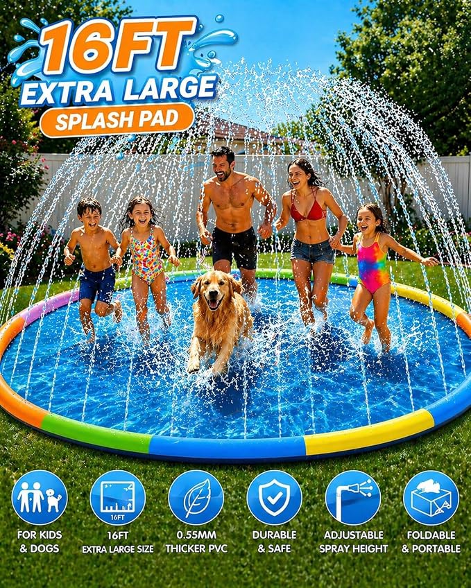 Instraella Splash Pad, 16FT Extra Large Sprinkler Play Mat for Dogs & Kids, 0.55mm Thickened Outdoor Water Toys, Foldable Summer Splash Mat for Toddlers, Children and Pets